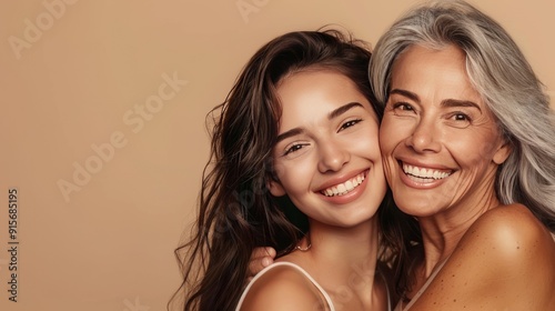 Tender smiling daughter lovingly hugs her elderly mother by the shoulders. Beauty portrait of beautiful women of two generations on beige background.