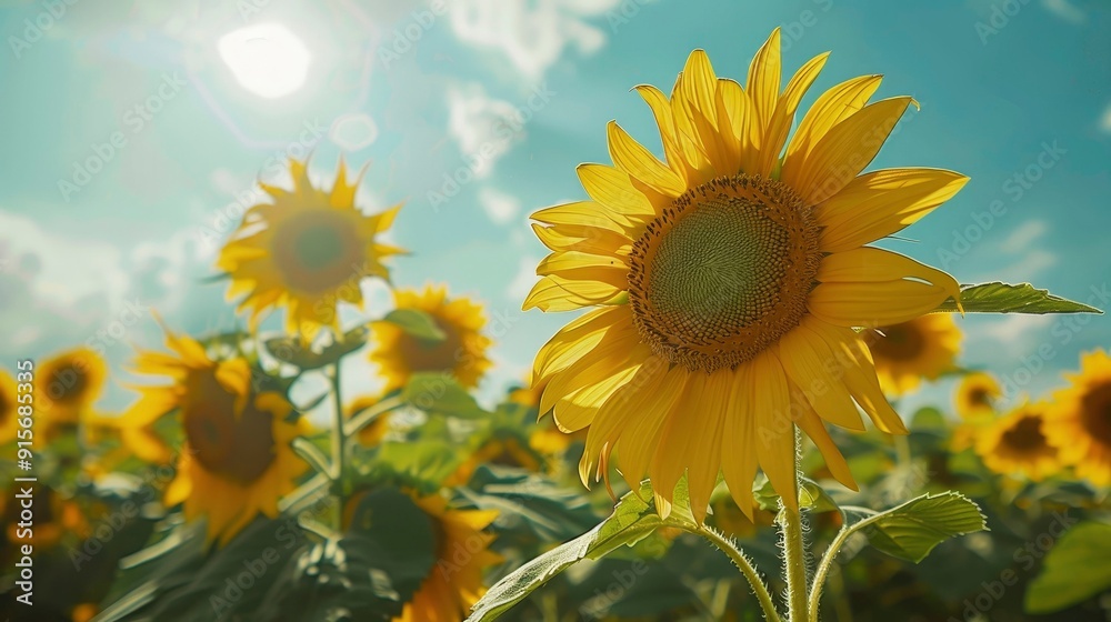 Obraz premium A vibrant sunflower field under a bright summer sky.