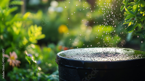 A rain barrel is used to catch water in the garden, with a blurred background of green plants and flowers