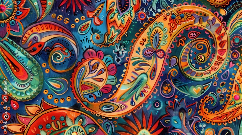 Naklejka premium Elaborate paisley patterns swirl together in vibrant colors, showcasing intricate designs and playful details