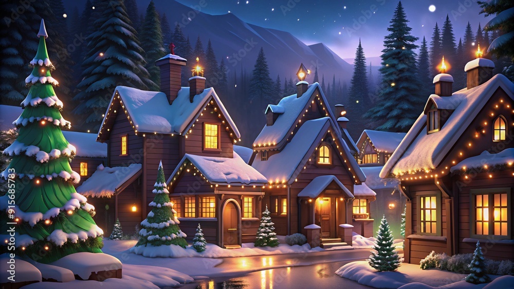 Winter Village with Festive Lights at Night Winter Village with Festive Lights at Night