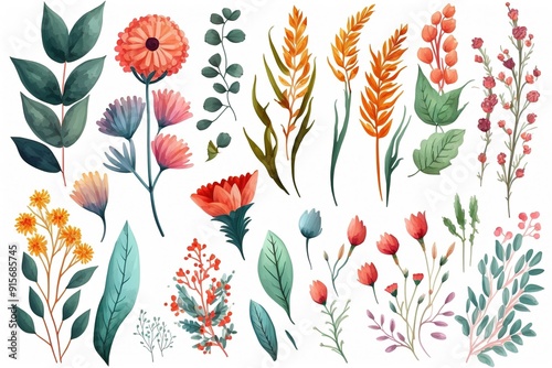 Set of watercolor floral illustrations, featuring delicate flowers and leaves in vibrant colors.