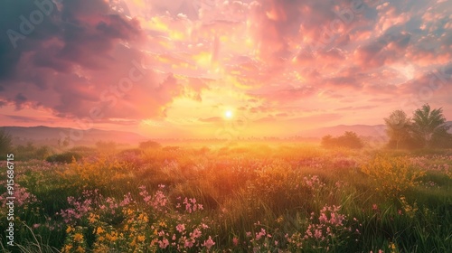 A vibrant sunrise over a tranquil meadow with the sky filled with warm colors.