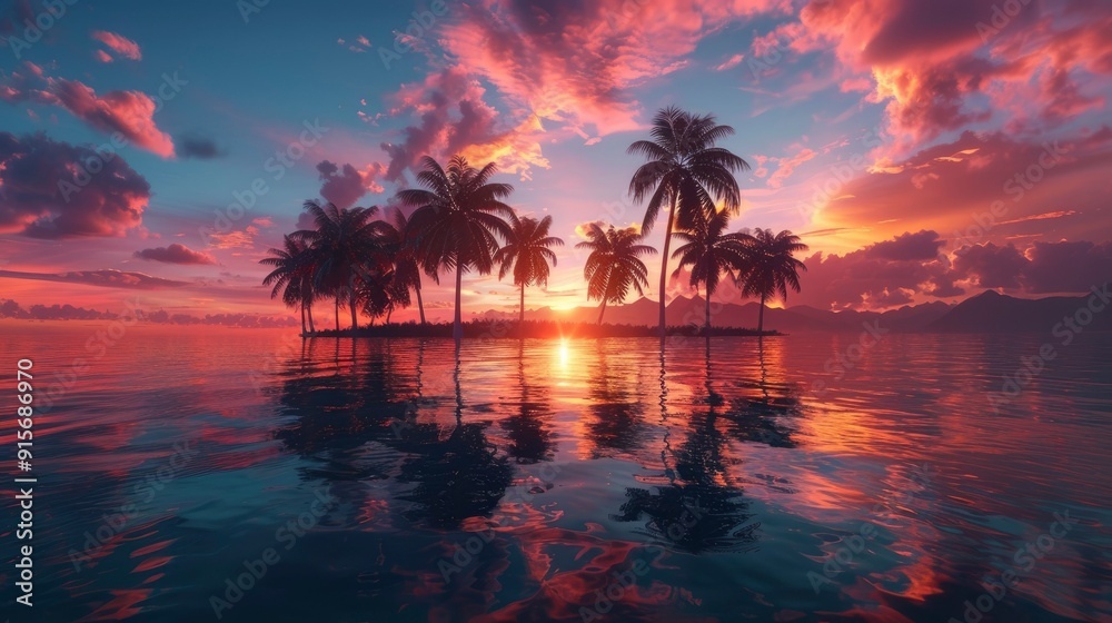 A vibrant sunrise over a tropical island with palm trees silhouetted against the colorful sky. A vibrant sunrise over a tropical island with palm trees silhouetted against the colorful sky.