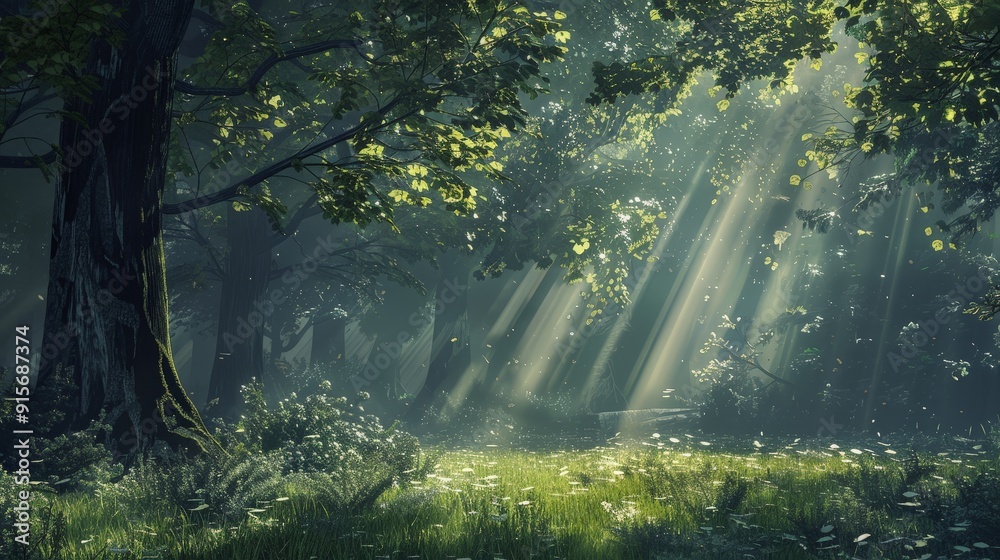 Create a serene and calming image of light filtering through a dense forest. Show sunbeams breaking through the tree canopy, casting soft, dappled light on the forest floor. Create a serene and calming image of light filtering through a dense forest. Show sunbeams breaking through the tree canopy, casting soft, dappled light on the forest floor.