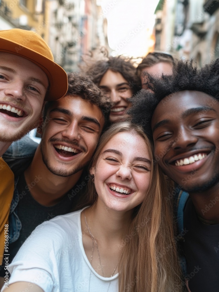 A group of friends smiling and holding up their phones to take a selfie together A group of friends smiling and holding up their phones to take a selfie together