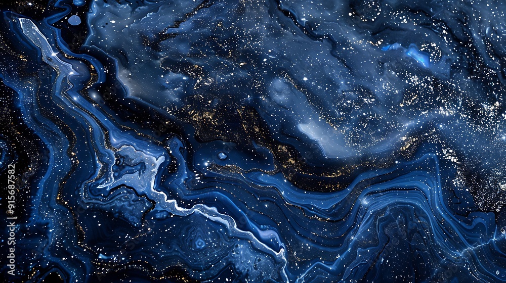 Fototapeta premium Detailed view of dark blue marble with shimmering silver specks, under soft natural lighting to enhance its starry night sky effect. --ar 16:9 --v 6.0 --s 250 --style raw