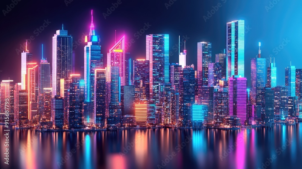 3D cityscape at night with vivid neon lights and colors. Modern skyscrapers and downtown buildings in a lively illustration. 3D cityscape at night with vivid neon lights and colors. Modern skyscrapers and downtown buildings in a lively illustration.