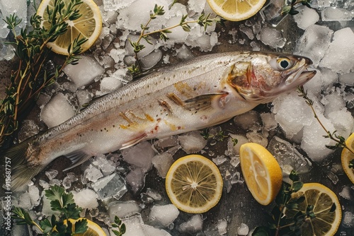 A realistic shot of freshly caught fish lying on crushed ice, surrounded by lemon slices and herbs photo