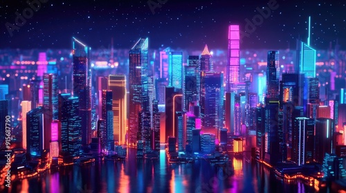 3D cityscape at night with vivid neon lights and colors. Modern skyscrapers and downtown buildings in a lively illustration.