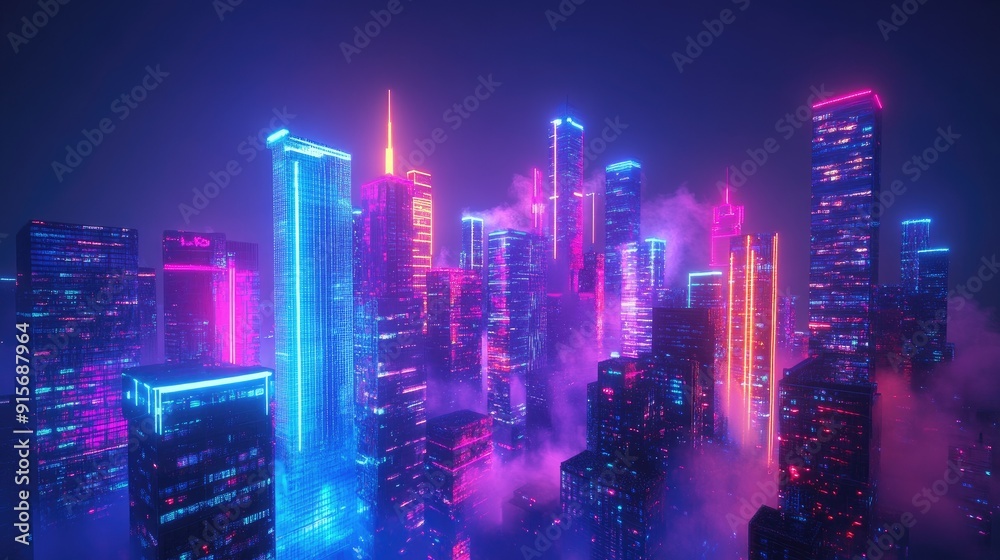 Fototapeta premium 3D illustration of a colorful night city with neon lights. Skyscrapers and downtown buildings in a vibrant urban setting.