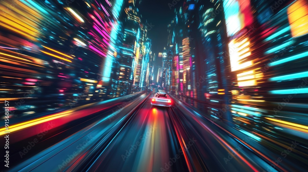 3D illustration of a hyperloop racing through a neon-lit city. Blurred lights from skyscrapers create a vibrant, next-gen technology feel. 3D illustration of a hyperloop racing through a neon-lit city. Blurred lights from skyscrapers create a vibrant, next-gen technology feel.