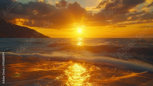 A vibrant sunset casting a golden glow over a tranquil beach.