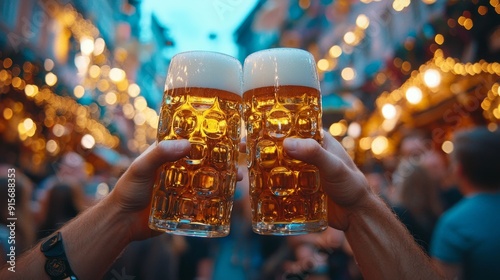 Friends drinking pintabeer on holidays in germany festive Oktoberfest. Germany holiday festival beer.