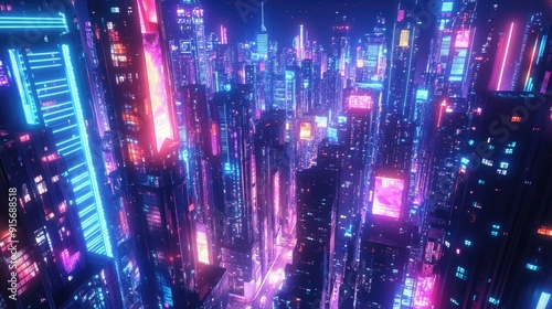 3D illustration of a vibrant night city with glowing neon signs and colorful skyscrapers. Urban megapolis architecture.