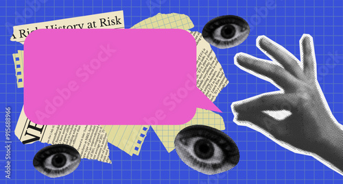 Collage background with halftone hand hold bubble speech with negative space and eye. Retro newspaper and torn paper.