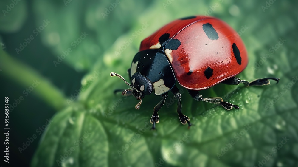 Fototapeta premium Close-up of a ladybug resting on a green leaf in a vibrant garden during sunny weather