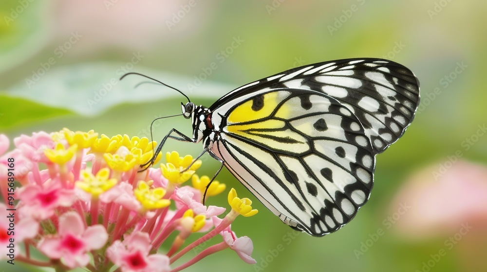Butterfly perched on colorful flowers in a garden during spring Butterfly perched on colorful flowers in a garden during spring