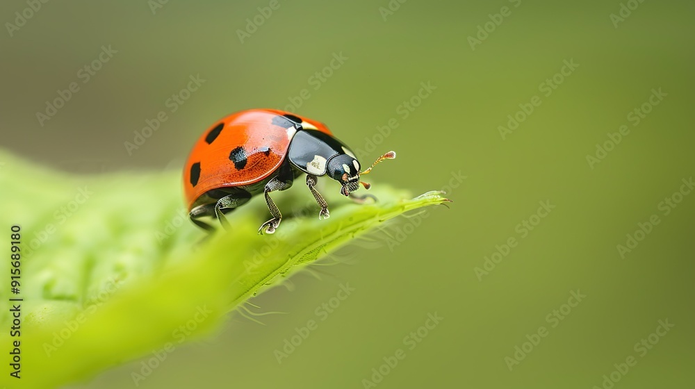 A ladybug perched on a green leaf in a natural setting during daylight A ladybug perched on a green leaf in a natural setting during daylight
