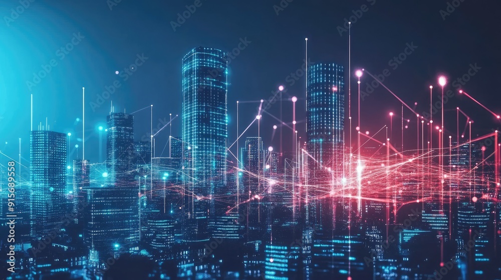 Abstract city skyline with data connections and digital buildings highlighting big data and cyber security. Abstract city skyline with data connections and digital buildings highlighting big data and cyber security.