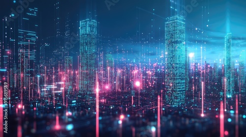 Wallpaper Mural Abstract city skyline with digital buildings and data connections highlighting big data and security. Torontodigital.ca