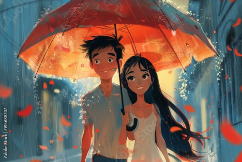 Depicted in a cute cartoon style, a young couple walks hand in hand in the rain, sharing an umbrella.