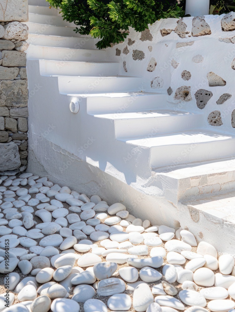 Obraz premium Serene White Mediterranean Staircase with Natural Accents