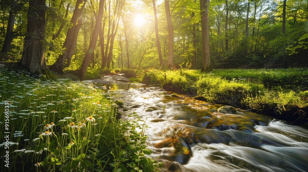 Obraz premium A serene stream flows through a lush green forest at sunrise, with sunlight filtering through the trees in a peaceful natural setting