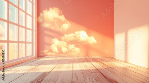 Photo of empty room with wooden floor and clouds in the background, light pink and orange colors