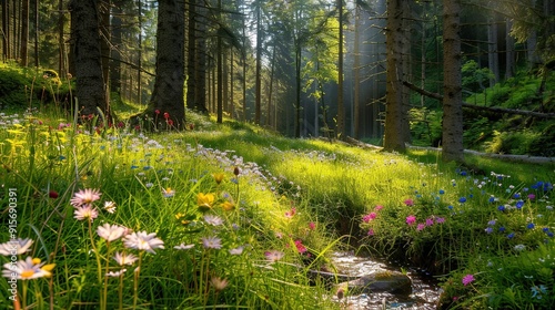 A tranquil forest stream surrounded by colorful wildflowers during the golden hour in a lush woodland photo