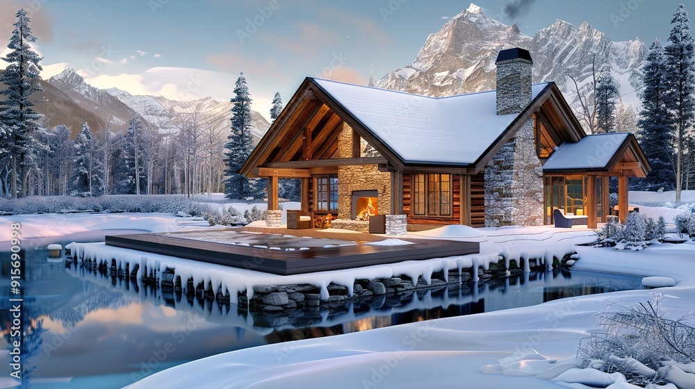 A cozy cabin by a frozen lake surrounded by snowy mountains in winter