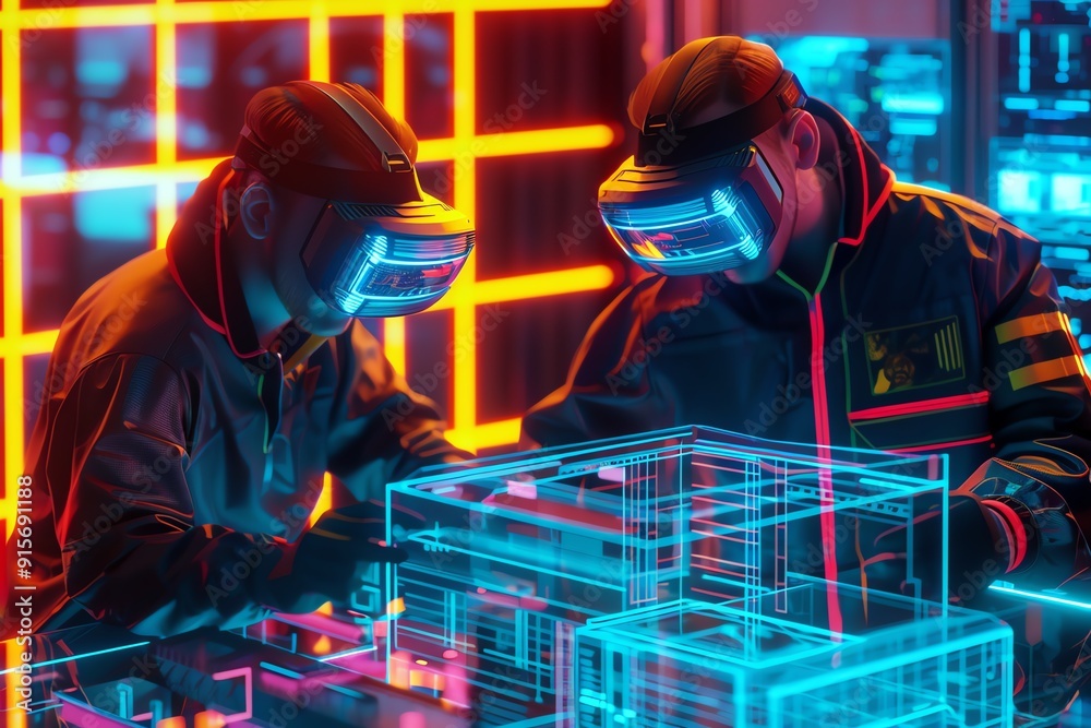 Two people wearing VR headsets interact with a 3D model in a futuristic setting. Two people wearing VR headsets interact with a 3D model in a futuristic setting.