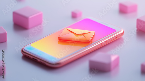 A 3D icon of a smartphone with a message notification, representing text messaging, minimalist and bright. 