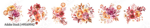 Watercolor vector autumn Brown and orange floral bouquet. Terracotta fall warm watercolor rose and leaves wreath,  floral background template. Dried fall flowers arrangements. 