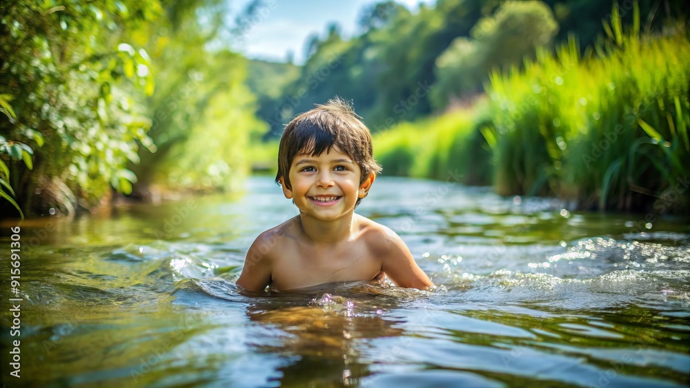 Carefree young boy with dark hair and bright smile wades in calm river waters on a warm sunny summer day, surrounded by lush green vegetation.