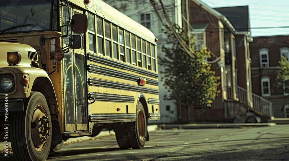 Obraz premium An empty school bus parked outside the school.