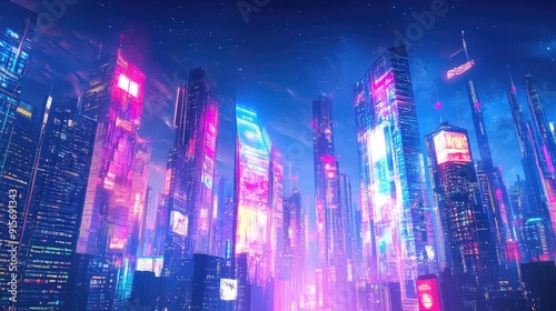 City skyline of the future with bright neon buildings and digital signage. Panoramic digital art.