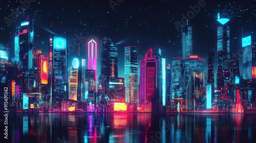 City skyline of the future with bright neon buildings and digital signage. Panoramic digital art.