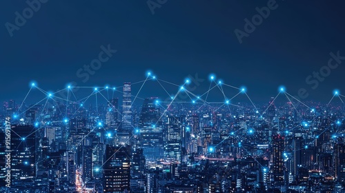 Wallpaper Mural City skyline with abstract digital connections representing the flow of big data and cyber security. Torontodigital.ca