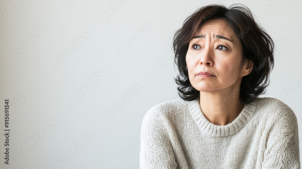 A middle-aged woman reflects deeply with a melancholic expression A middle-aged woman reflects deeply with a melancholic expression