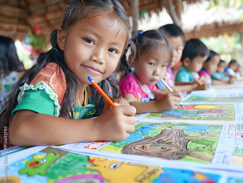 Children engaging in art activity, focused on their colorful drawings in a cheerful classroom environment. Children engaging in art activity, focused on their colorful drawings in a cheerful classroom environment.
