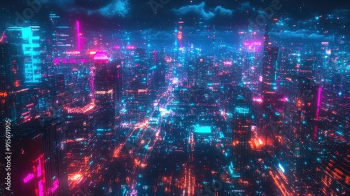 Colorful futuristic city illuminated by neon lights at night. Wide view of a cyberpunk-inspired city with a retro wave background.