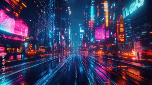 Colorful futuristic city illuminated by neon lights at night. Wide view of a cyberpunk-inspired city with a retro wave background.