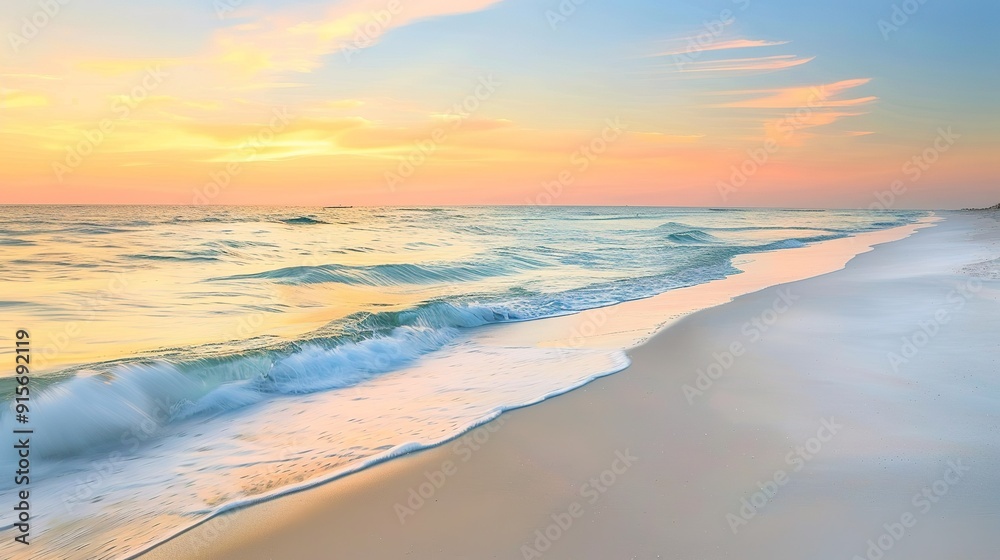 Obraz premium Serene beach during sunset with gentle waves lapping at the shore