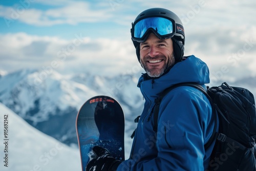 A man in a blue ski suit with a helmet and goggles on his head holds a snowboard against the sky. The man smiles at the camera while standing near snow-capped mountains. photo