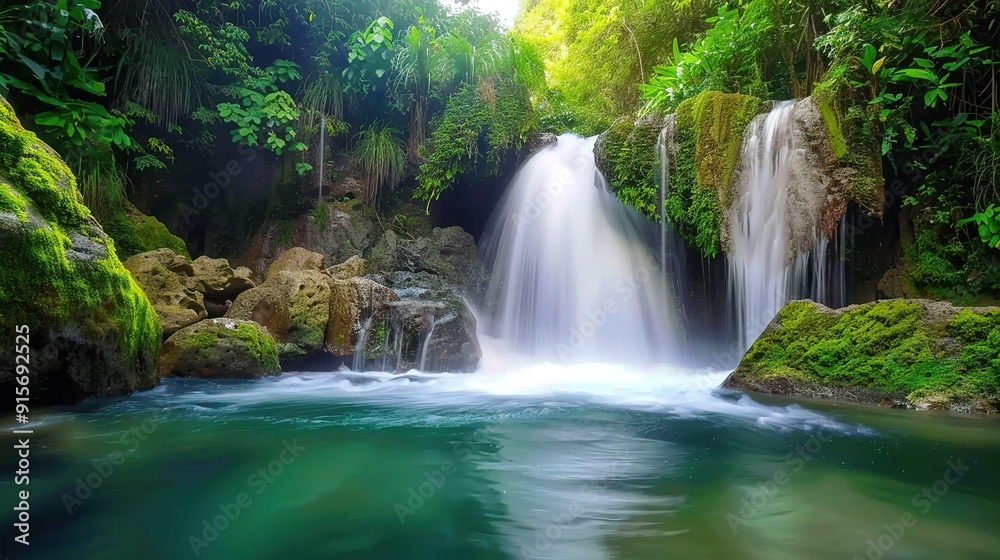 Serene waterfall cascading into a tranquil pool surrounded by lush greenery in a rainforest at midday Serene waterfall cascading into a tranquil pool surrounded by lush greenery in a rainforest at midday