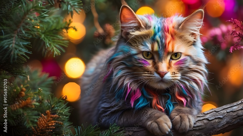 Colorful cat is on the tree Colorful cat is on the tree