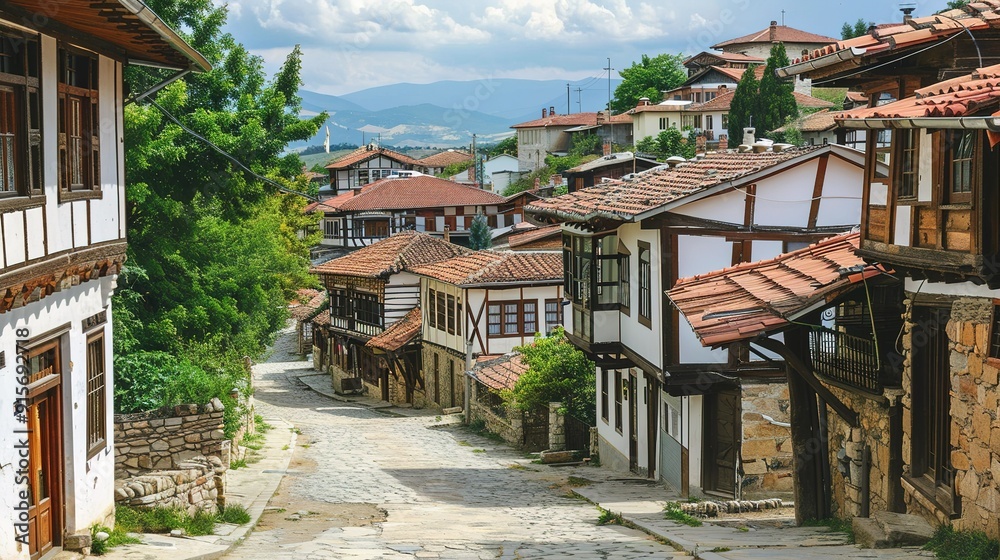 Charming cobblestone street lined with traditional wooden houses in a historic village on a sunny day Charming cobblestone street lined with traditional wooden houses in a historic village on a sunny day
