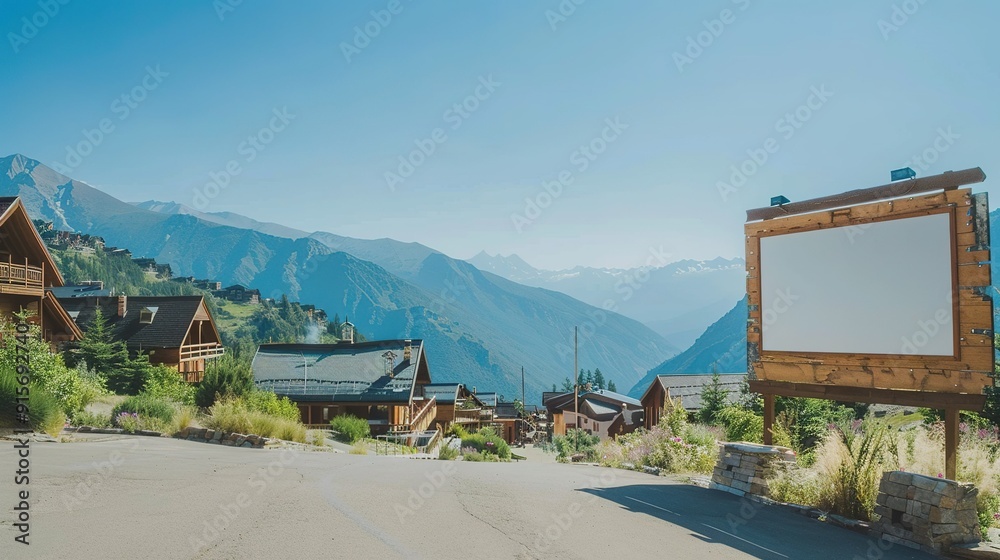 Scenic mountain view with rustic cabins and an empty billboard in a sunny valley Scenic mountain view with rustic cabins and an empty billboard in a sunny valley