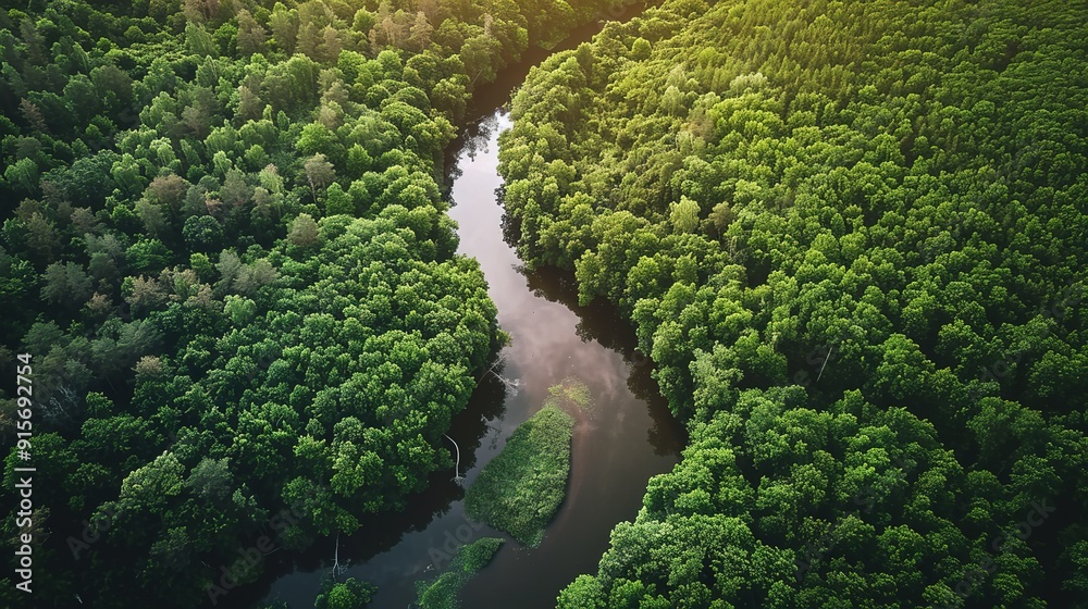 Aerial view of a winding river surrounded by dense green forest during golden hour Aerial view of a winding river surrounded by dense green forest during golden hour